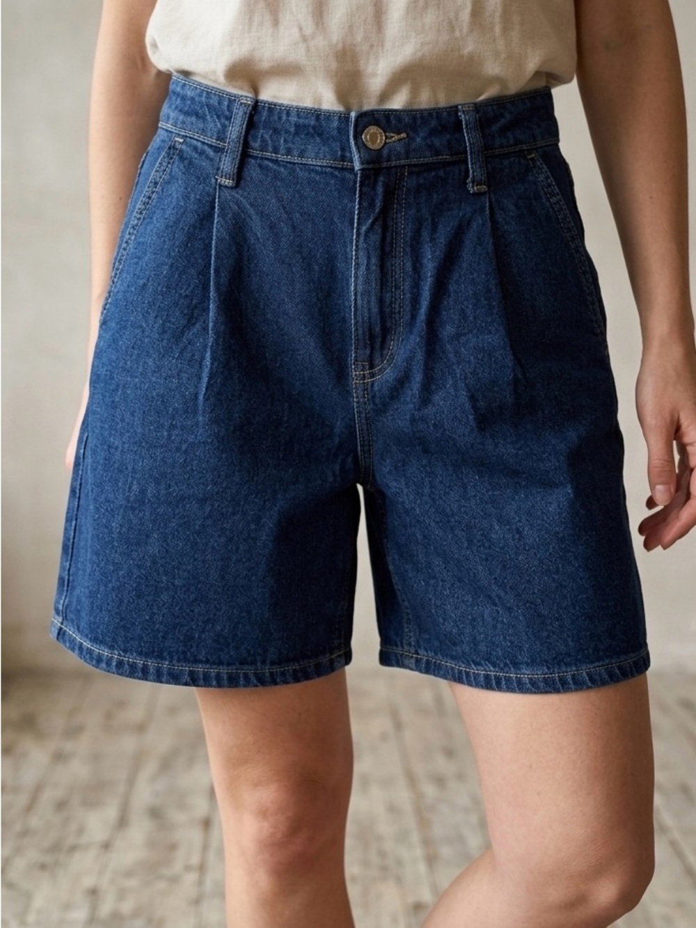 MANGO Women's Pleated Denim Shorts - High-Waisted Mid-Blue Bermuda Jorts